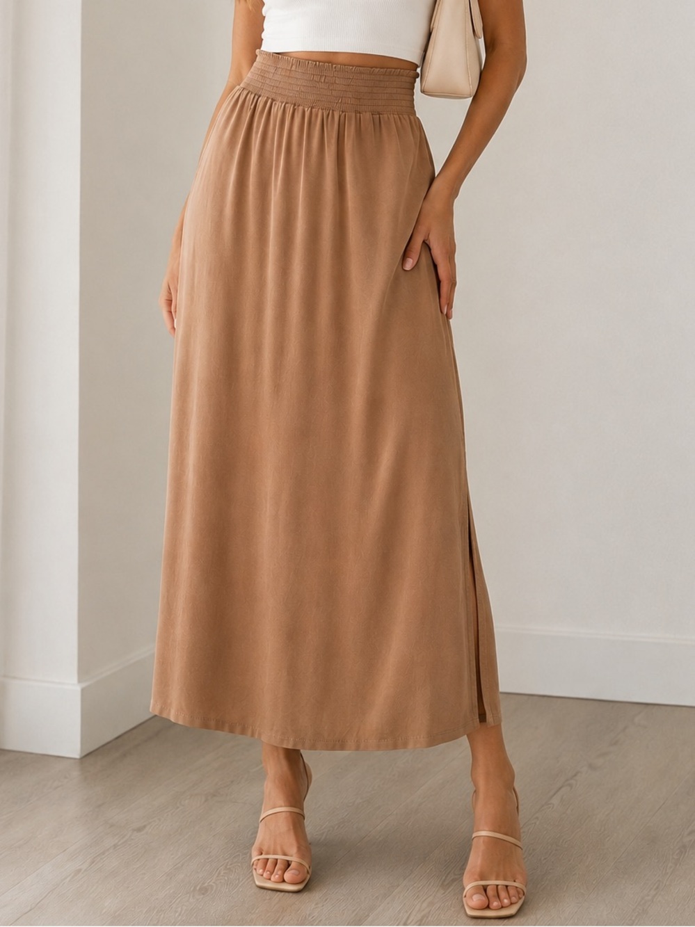ninexis Fluid Suede Feel Midi Skirt Camel Beige Size Medium